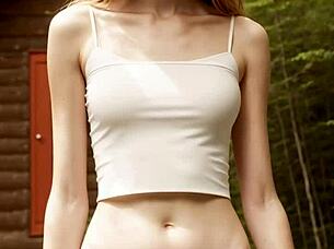 cute lingerie models barefoot in panties at forest cabin