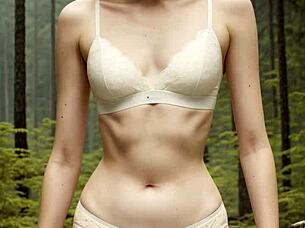 cute lingerie models barefoot in panties at forest cabin