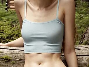 cute lingerie models barefoot in panties at forest cabin