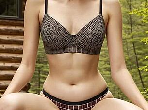 cute lingerie models barefoot in panties at forest cabin