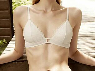 cute lingerie models barefoot in panties at forest cabin