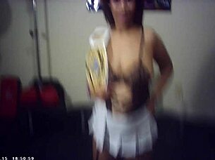 glasses brunette gives backstage blowjob before wrestling fuck
