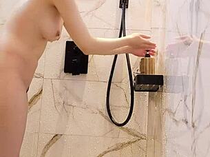 Busty japanese college girl bathes her sexy legs slowly