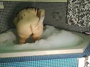 Cute Pornstar Rides Anal Cowgirl to Creampie in Steamy Bath