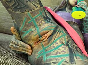 Inked Hippy Gapes Asshole with Monster Dildo Ride