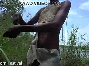 skinny ebony african with narrow ass works outdoors in heat