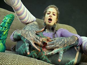 Inked Hippy Gapes Asshole with Monster Dildo Ride