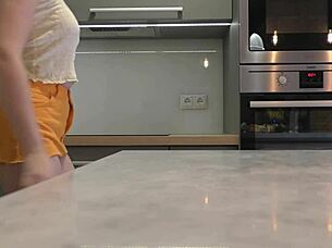 😍 long-legged blonde coed in heels & miniskirt flashes ass in kitchen!