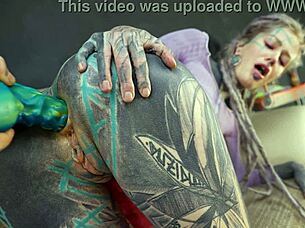 Inked Hippy Gapes Asshole with Monster Dildo Ride