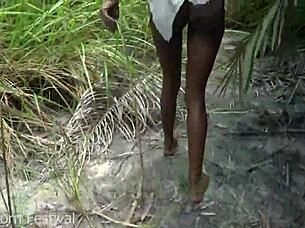 skinny ebony african with narrow ass works outdoors in heat