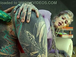 Inked Hippy Gapes Asshole with Monster Dildo Ride