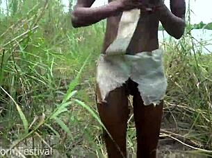 skinny ebony african with narrow ass works outdoors in heat