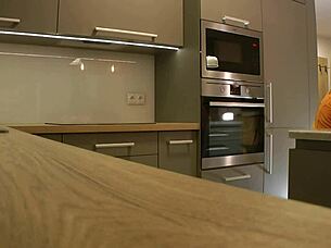 😍 long-legged blonde coed in heels & miniskirt flashes ass in kitchen!