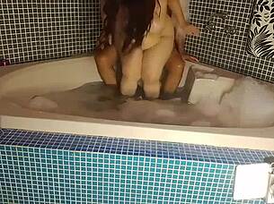 Cute Pornstar Rides Anal Cowgirl to Creampie in Steamy Bath