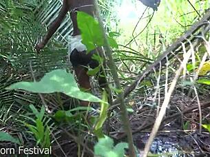 skinny ebony african with narrow ass works outdoors in heat