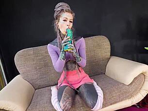 Inked Hippy Gapes Asshole with Monster Dildo Ride