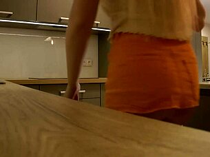 😍 long-legged blonde coed in heels & miniskirt flashes ass in kitchen!