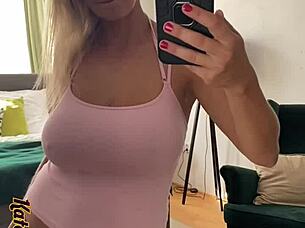 mirror selfie teases nipples in lingerie and socks