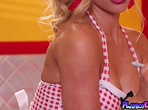 oh god petite blonde waitress keira strips nude bare!