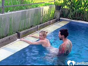 sexy tattoo blonde enjoys poolside hard doggystyle