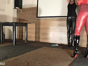 latex leggings stretched tight in public outdoor tease