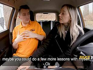 tattoo babe SUCKS her sexy instructor in the taxi 🚗💋