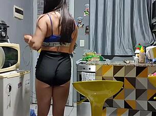 Brunette MILF fulfills kitchen fetish, flashes big clit before athletic creampie