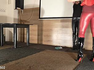 latex leggings stretched tight in public outdoor tease