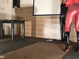 latex leggings stretched tight in public outdoor tease