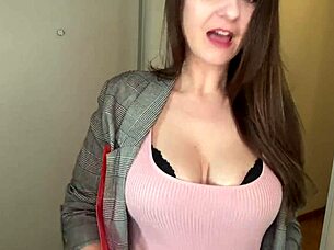 Stepmom Bursts Cum in Condom as Stepson Watches Office Tease Close-Up