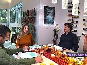 Milf Mommy's Bouncing Boobs in Thanksgiving Freeuse Foursome Gangbang