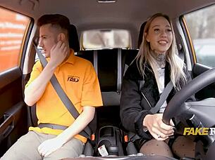 tattoo babe SUCKS her sexy instructor in the taxi 🚗💋