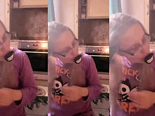 blonde with glasses brushes her long hair intimately using a lollipop in asmr session
