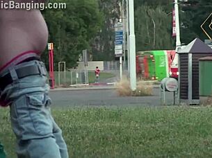 Young Blonde Cutie Takes Public Street Gangbang Threesome from Two Studs!