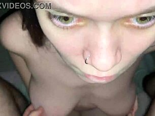 Kneeling babe delivers deep blowjob with cum on big natural tits