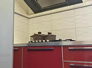Sexy tattooed ass shakes while cleaning stove gets hot