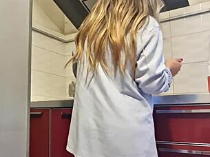 Sexy tattooed ass shakes while cleaning stove gets hot