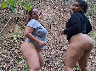 Sapphire And Pandora's Huge Curvy BBW Asses Twerking In Forest Publicly