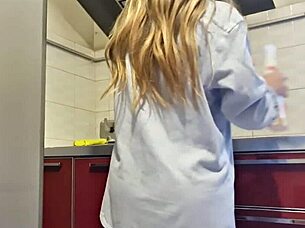 Sexy tattooed ass shakes while cleaning stove gets hot