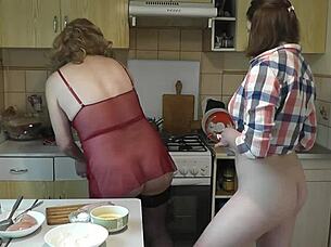 Blonde Milf and Cute Brunette Lesbian Kitchen Pussy Close-Up Licking