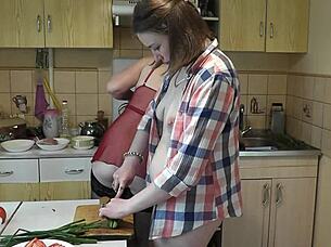 Blonde Milf and Cute Brunette Lesbian Kitchen Pussy Close-Up Licking