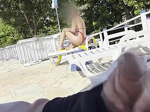 milf helps pool jerkoff cum 💦🍆