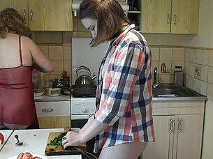 Blonde Milf and Cute Brunette Lesbian Kitchen Pussy Close-Up Licking