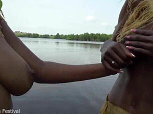 two african zulu wives bathe showing off skinny big tits