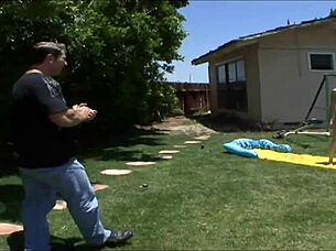 hot teen blonde bends for wet threesome doggystyle pounding