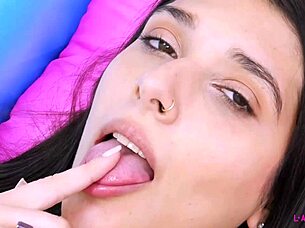 enchanting brunette milf reveals her sensual petite body on sofa