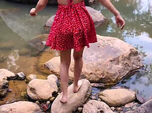 Petite cute 18+ fucked raw outdoors by river public sexo skirt up