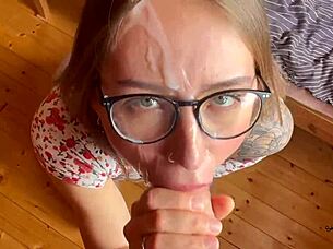 Stepbrother unloads huge cumshots daily on cute glasses face pov