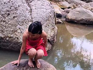 Petite cute 18+ fucked raw outdoors by river public sexo skirt up