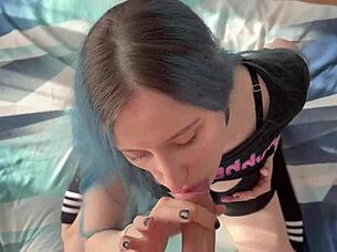 blue-haired slut rides cock deep pussy drenched in cum explosion